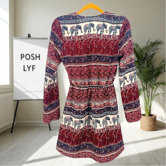 Live 4 Truth Elephant Print Long Sleeve V Neck Dress Burgundy Small - Picture 8 of 8